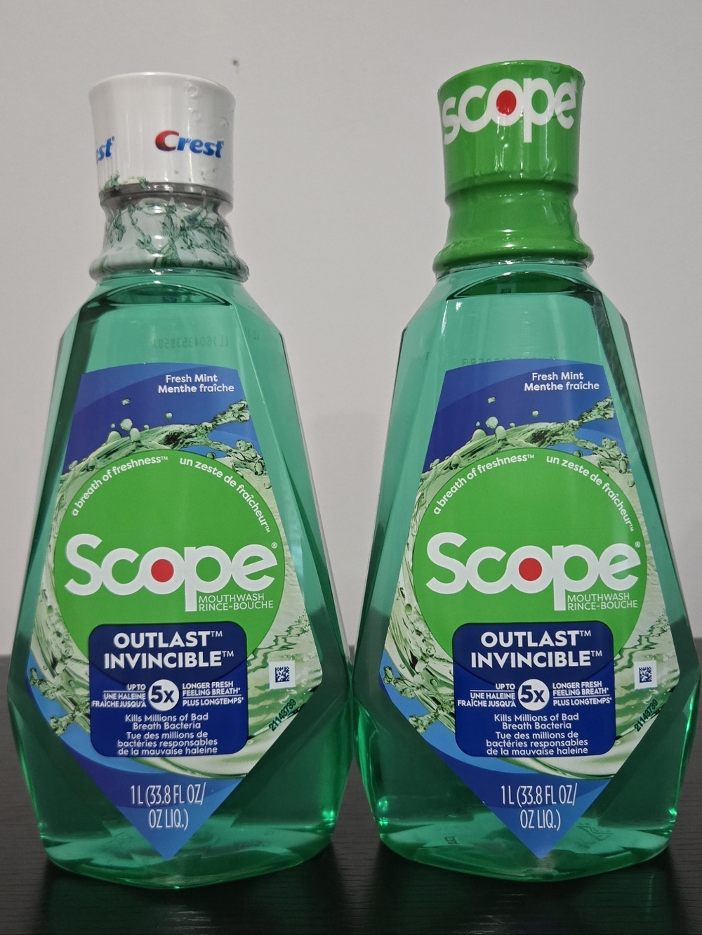 New Outlast Invincible Fresh Mint Mouthwash - Green (2 Big Bottles 1L Ea)